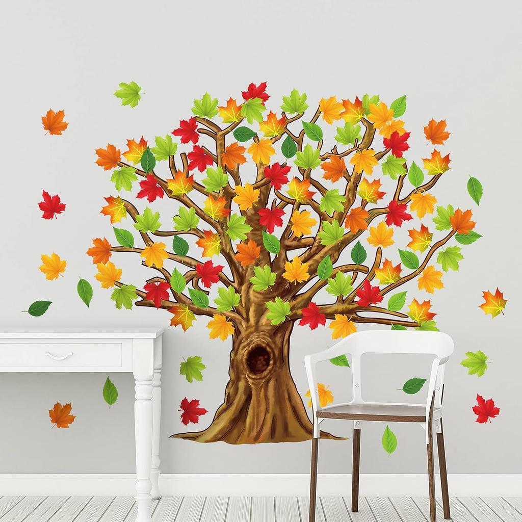 Gersoniel 90 Pieces Classroom Tree Bulletin Board Decorations Conversation Fall Leaves Cutouts Autumn Stickers for Classroom Home Wall Decor(Natural