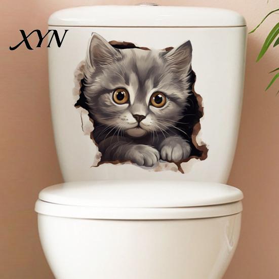 Toilet Lid Decoration Broken Wall Cat Sticker, Peel And Stick Decor PVC Bathroom Decal Decal, Removable Waterproof Sticker for