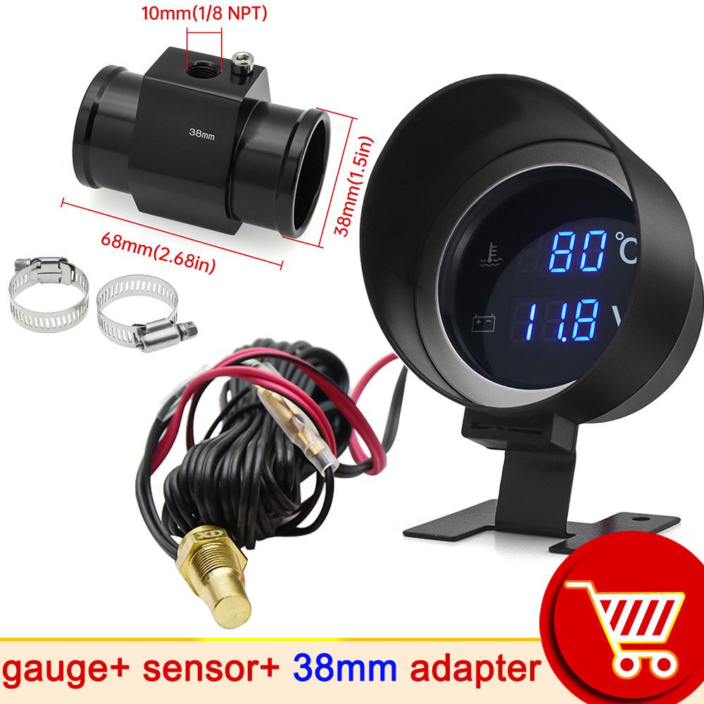Car Digital Led Water Temperature Gauge -10-110 Celsius With Water Temp Joint Pipe Sensor 10MM Adapter 1/8NPT Voltmeter 2 IN 1