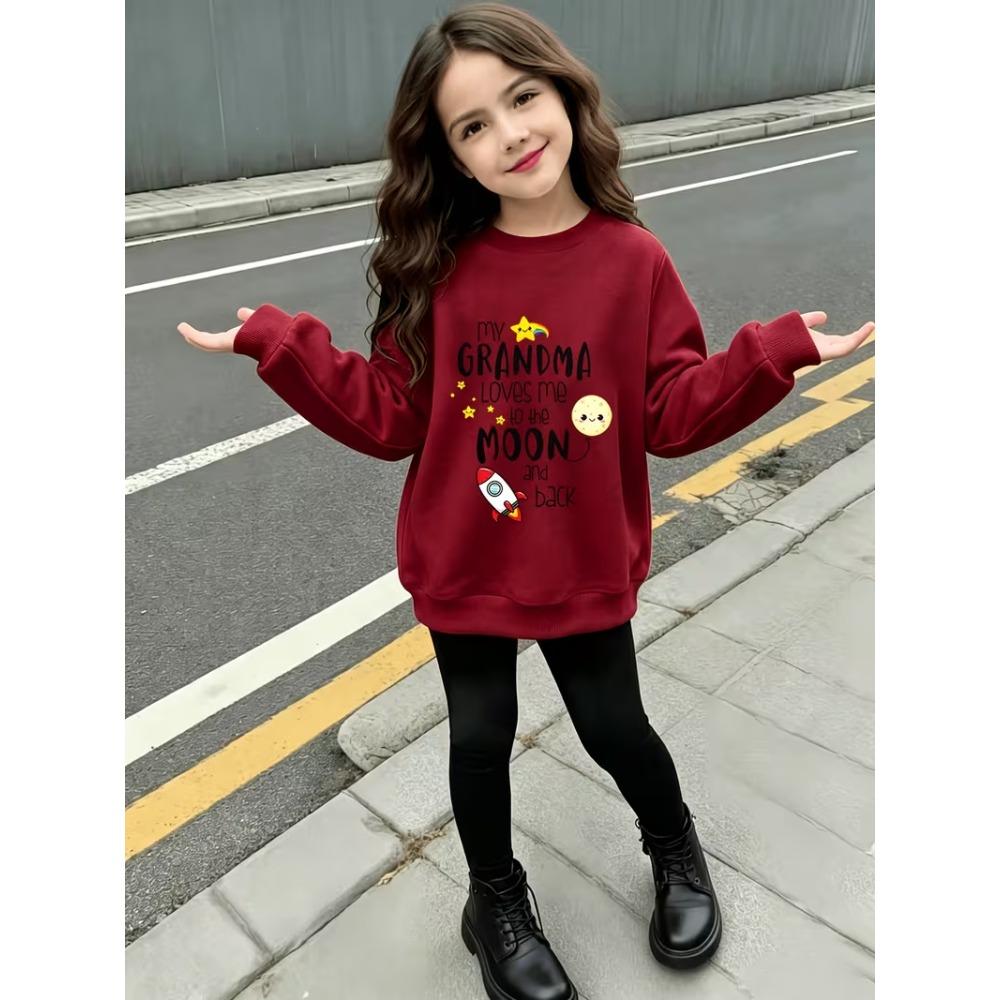Girls' Letter Graphic Casual Comfortable Soft Loose Pullover Sweatshirt and Leggings 2-Piece Set, New Autumn/Winter, Playful, Sweet and Cool Style