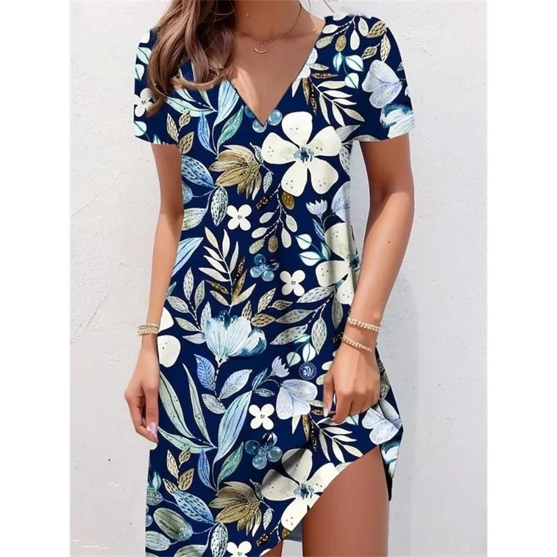 Retro Women Dresses Ethnic Style Floral Print Loose Midi Dress Plus Size Casual Short Sleeve Pullover V-Neck Dress Sundress