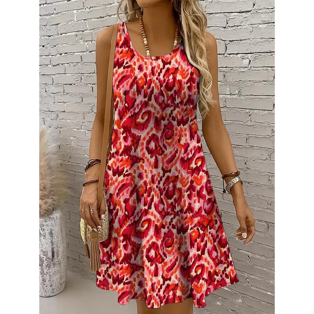 Women s Off Shoulder Geometric Abstract Print Mini Dress, Sleeveless Crew Neck A-Line Casual Vacation Spring Summer Dress S