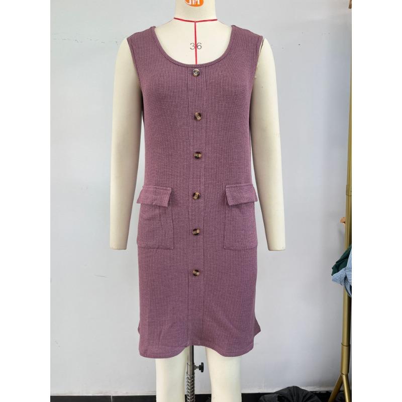 Women's Spring/summer Solid Color Crew-neck Button-pocket Sleeveless Vest Dress