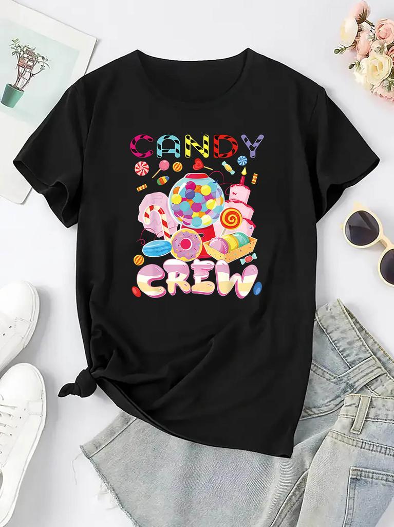 Women's Candy Crew Graphic Print T-Shirt Black Casual Short Sleeve Round Neck Tee with Colorful Geometric Candy Design