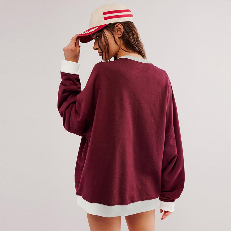 Casual Loose Contrast Sweatshirts Women Long Sleeved Round Neck Patchwork Hoodie Spring Autumn Street Style Pullover