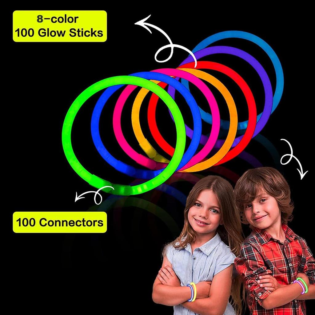 Glow Sticks 100pcs 8" with Connectors - Glow Bracelets, Necklaces for Kids, Adults Party, Festival, Halloween, Wedding, Christmas