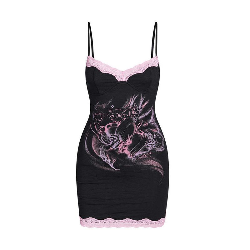 

Iamgia Fashion Sexy Print Lace Sling Dress Y2g Silm Slim Looking Hip Slimming Cinched Short Dress Black S