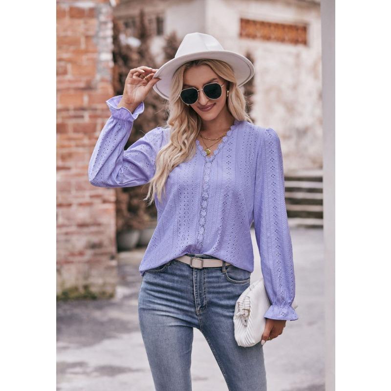 Spring and Autumn Women's Solid Colour Hole Lace V-Neck Long Sleeve Top