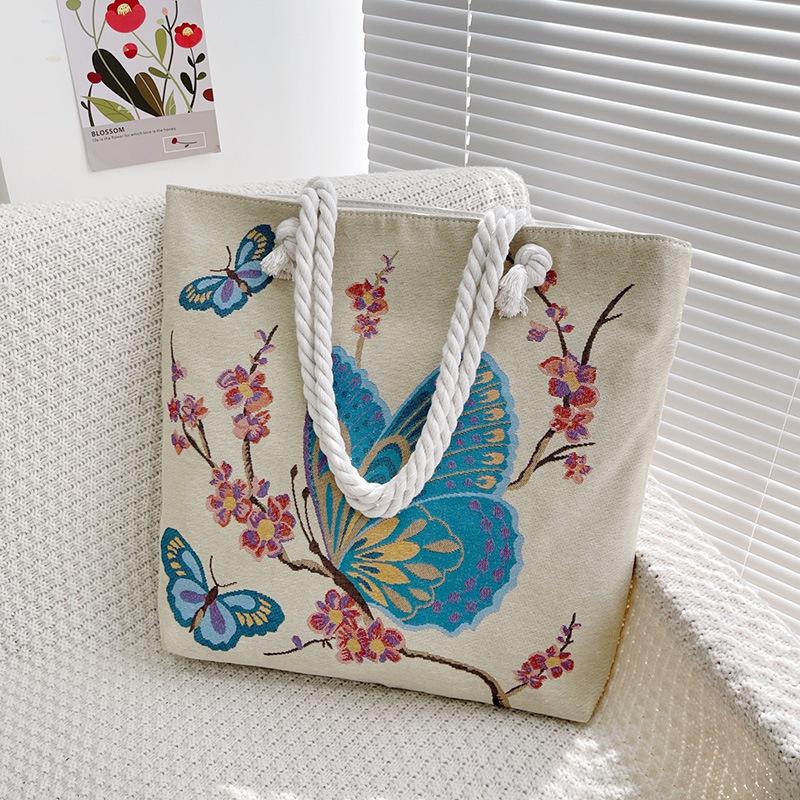 Ethnic style large shoulder bag South East Asia style double-sided embroidery cartoon animal elephant canvas bag female travel bag