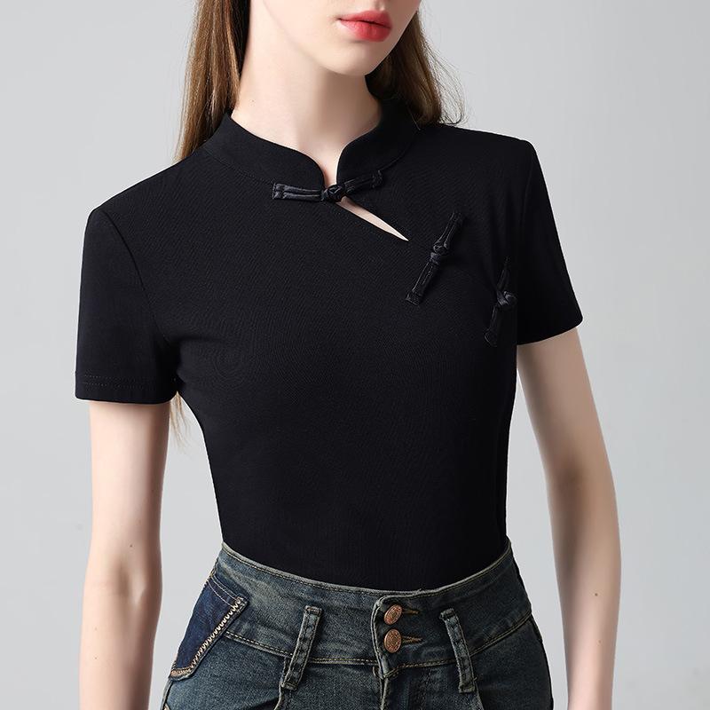 Top nou în stil chinezesc cu fentă asimetrică și guler înalt pentru vară, tricou nou de damă high-end retro în stil chinezesc cu mâneci scurte pentru femei