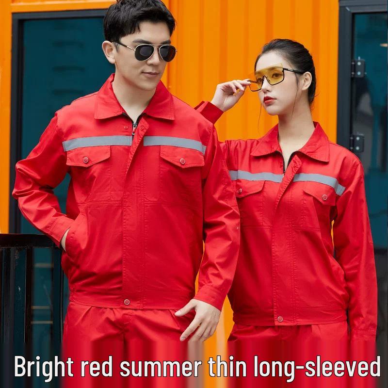 Summer Lightweight Polyester Cotton Reflective Workwear Set - Long Sleeve Protective Clothing for Construction and Workshop Use.