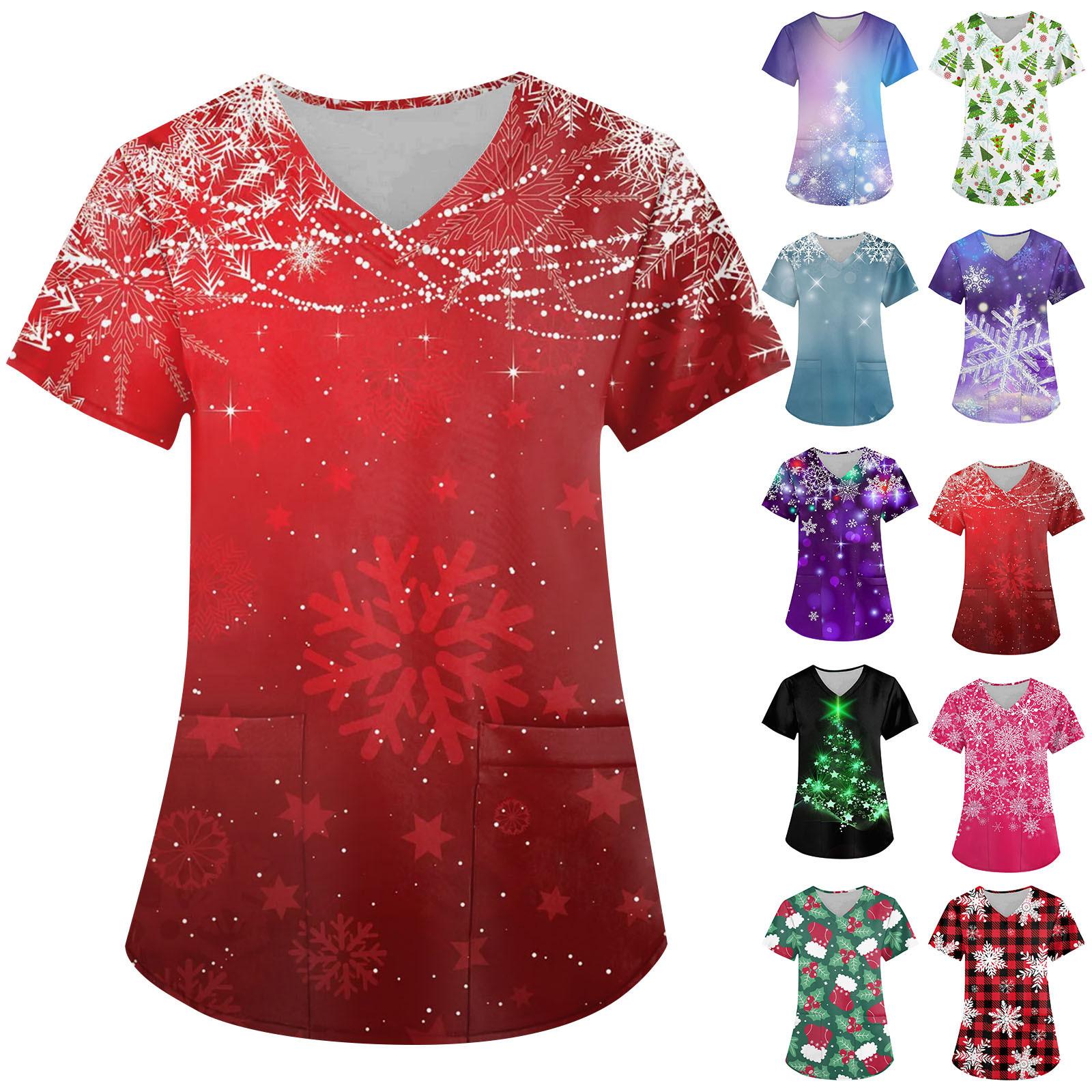 

Женская мода с v-образным вырезом, короткими рукавами и карманами, топы с рождественским принтом L