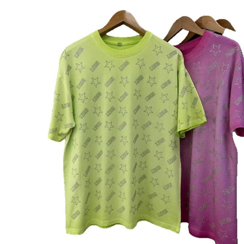 Women's Summer Round-neck Short-sleeved T-shirt Heavy Diamond Ironing Washed and Aged Loose Top