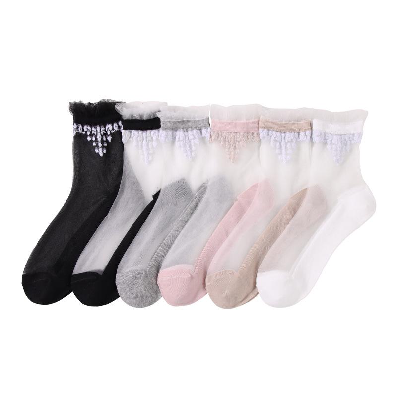 5 Paar Mode Transparente Kristallseide Damen Socken Perlenblume Kristallseide Damen Socken Kristallseide Jahr Damen Socken