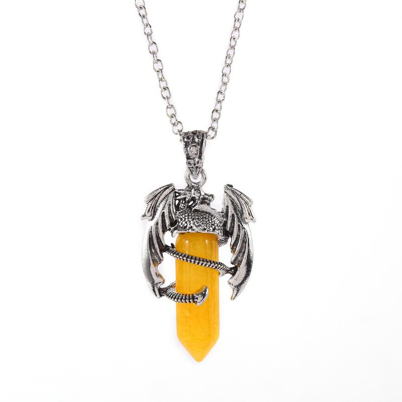 Vintage Flying Dragon Pendant Necklace with Amethyst, Rose Quartz, and Tiger Eye Gems