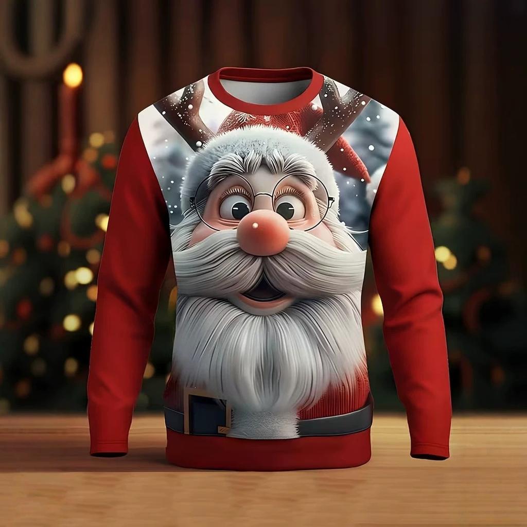 Autumn and Winter Men's Christmas 3D Printed Crew Neck Fashion Versatile Trend Breathable Casual Hoodies & Sweatshirts (men’s)