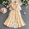 Gentle Pink Green and Yellow Embroidered Print Drop-Shoulder Shirt Dress for Women Summer Button-Down Belt Slim Midi Dress