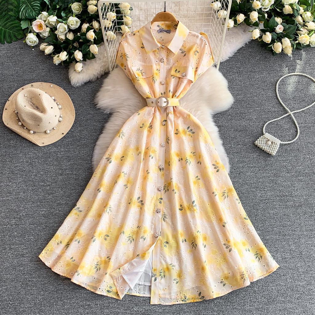 Gentle Pink Green and Yellow Embroidered Print Drop-Shoulder Shirt Dress for Women Summer Button-Down Belt Slim Midi Dress