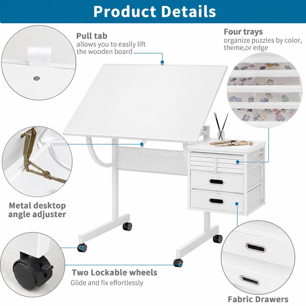 1500 Pieces Jigsaw Puzzle Metal Table Board for Adults Gift with 4 Trays, 2 Storage Drawers and Wheels (white)