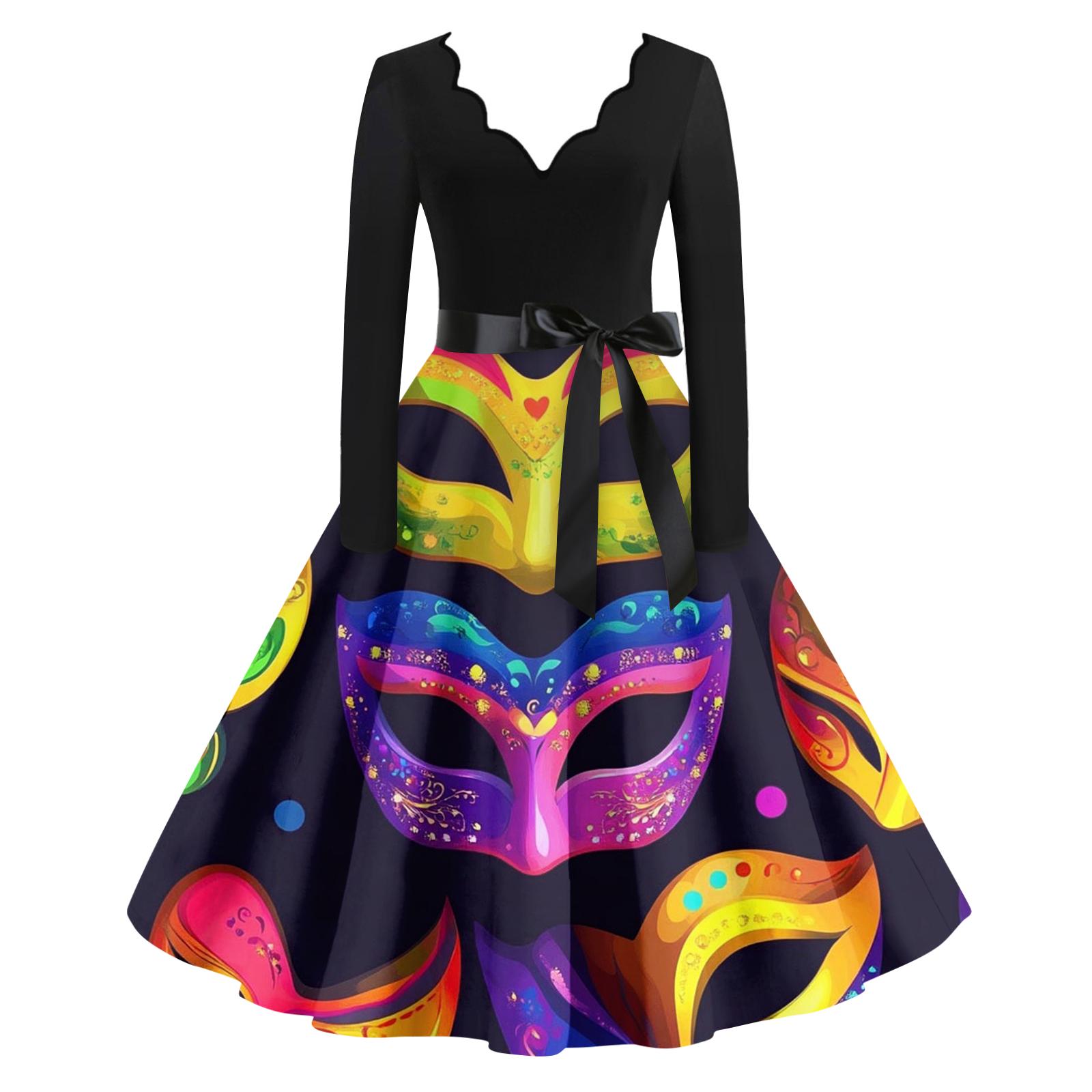 

Женское повседневное модное платье с V-образным вырезом и длинным рукавом с принтом в винтажном стиле XL