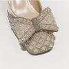 Size 35-43 Women Wedding Pumps Med Heel Square Toe Office Lady Shoes Pearls Diamonds Bowknot Decoration Party Shoes