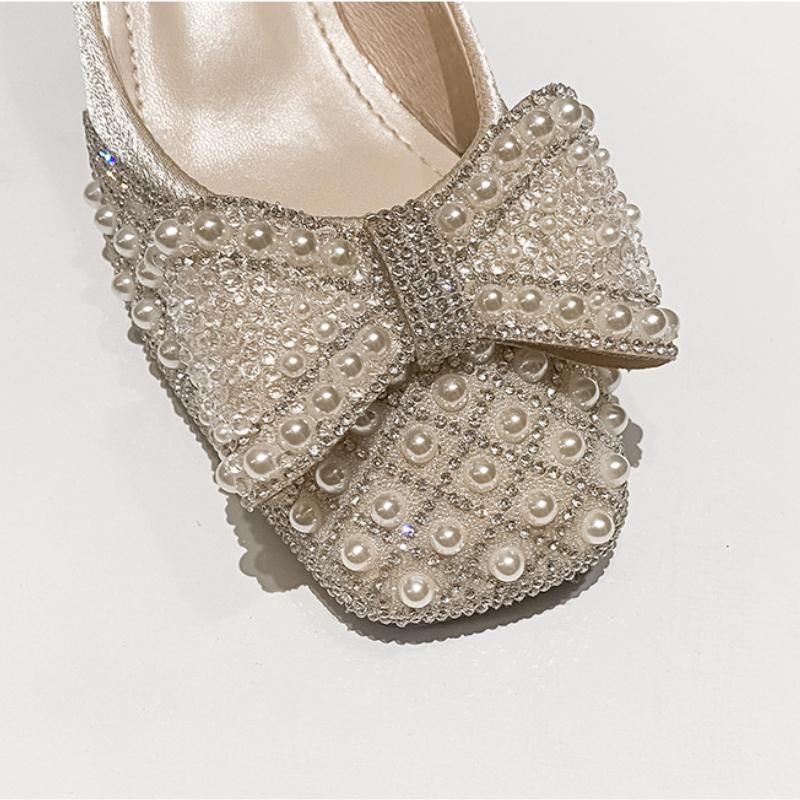 Size 35-43 Women Wedding Pumps Med Heel Square Toe Office Lady Shoes Pearls Diamonds Bowknot Decoration Party Shoes