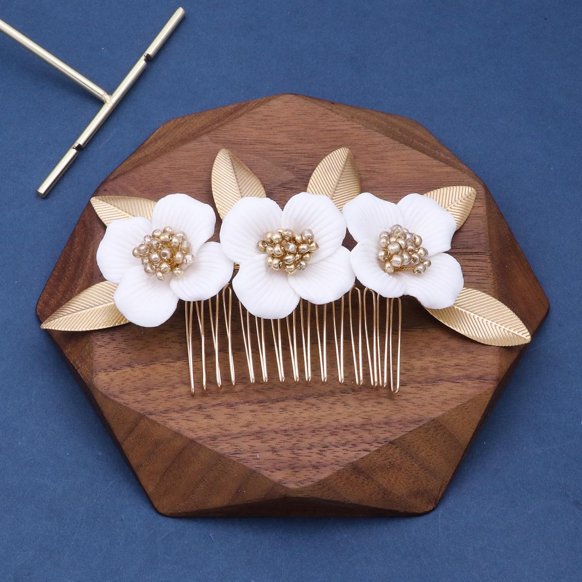 Alloy Leaf & Ceramic Magnolia Flower Hair Comb - Bridal Headdress Accessory