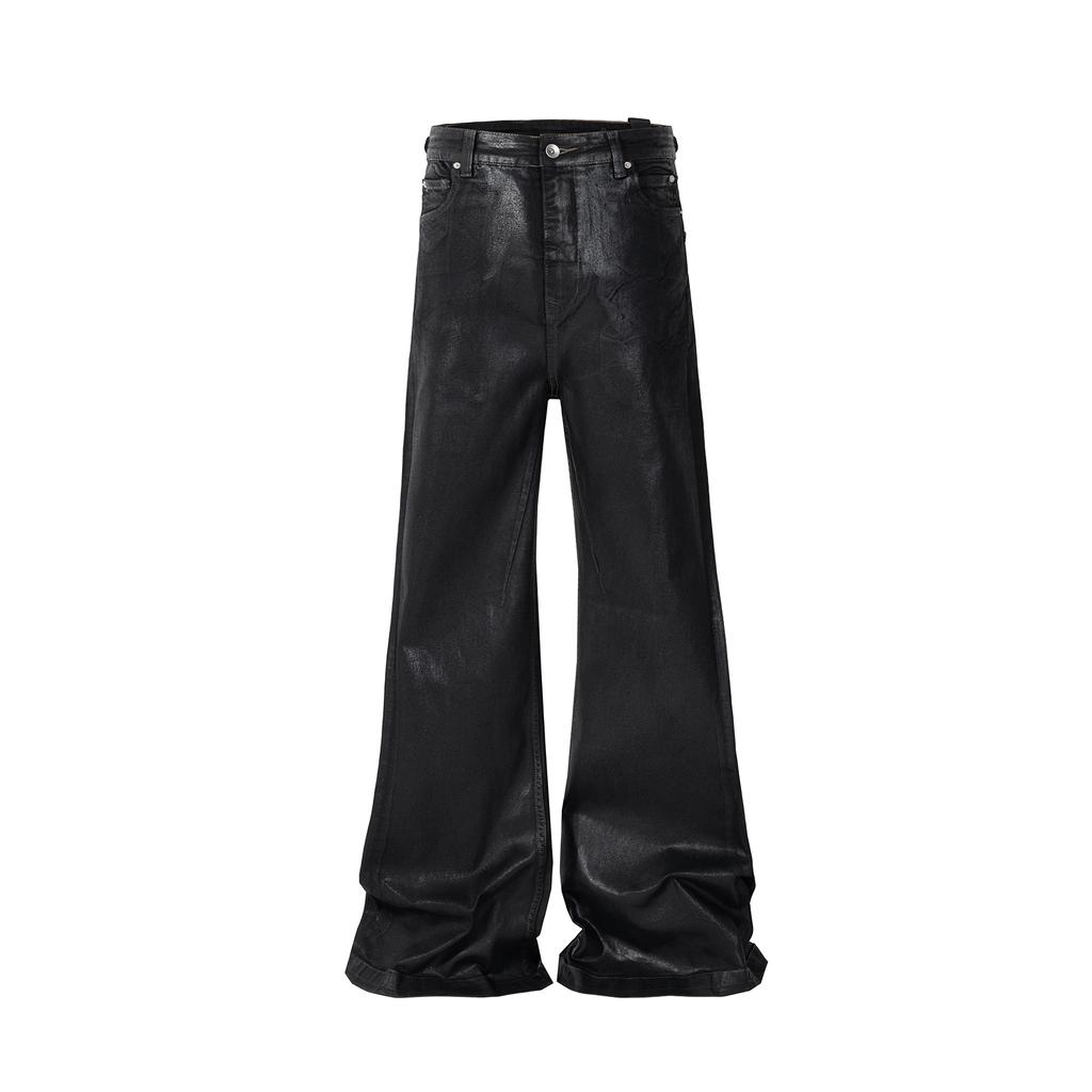 ZYLLO Streetwear Black Wax Leather Strecth Jeans for Men Ropa Hombre Baggy Y2k Flare Pants Oversized Straight Denim Trousers