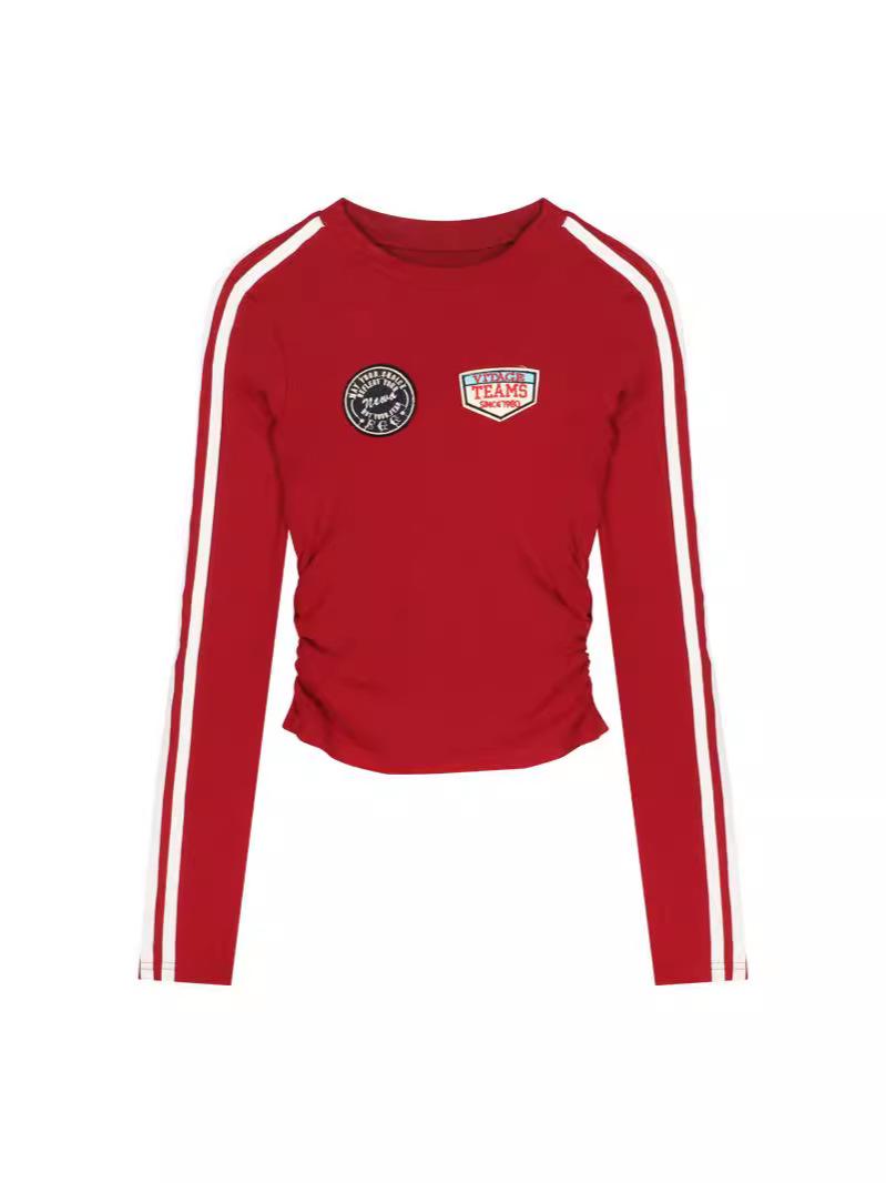 Women s Retro Red Striped Slim Fit Long Sleeve T-shirt - Autumn Spicy Girl Style S
