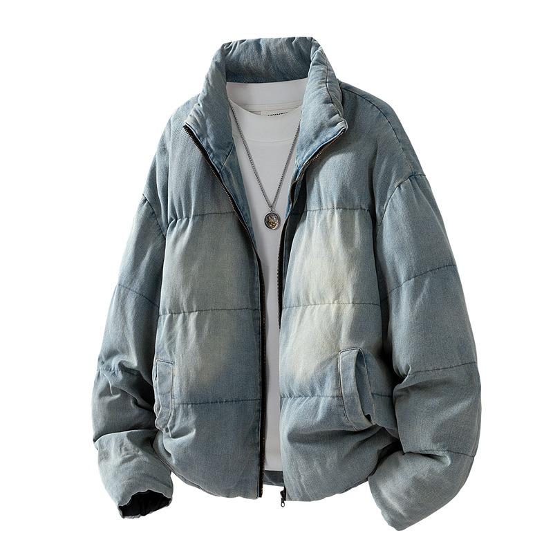 

Denim cotton-padded men s winter new loose stand-up collar cotton-padded jacket washed trendy cotton-padded men s jacket 4XL