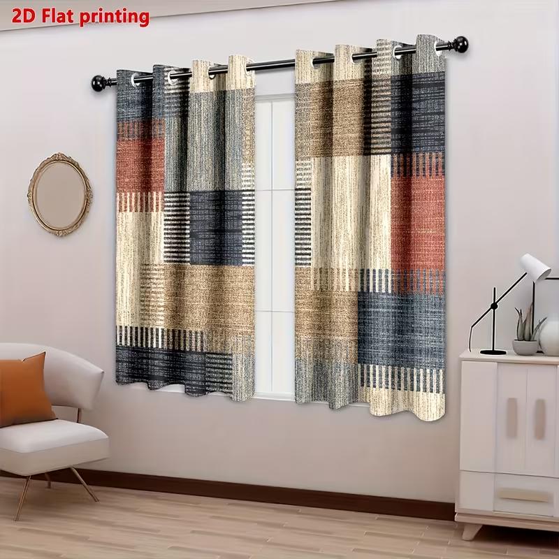 2pcs 2D Flat Colorful Patchwork Geometric Plaid Modern Minimalist Curtains, Polyester Material Softens Light Privacy Protection