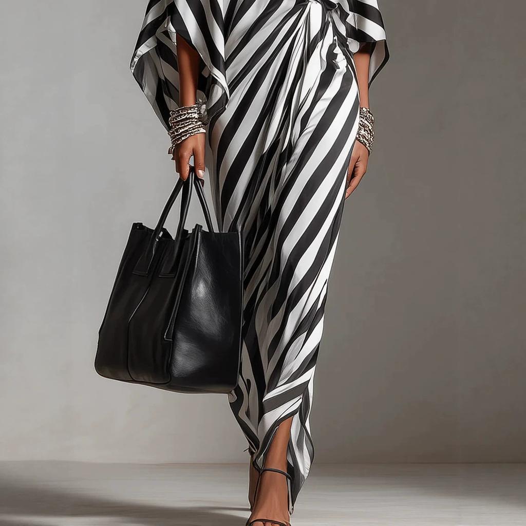 Black and White Striped Loose Dress, One-word Shoulder Bat Sleeve Side Kink Split Fork Light Luxury Women's Clothing