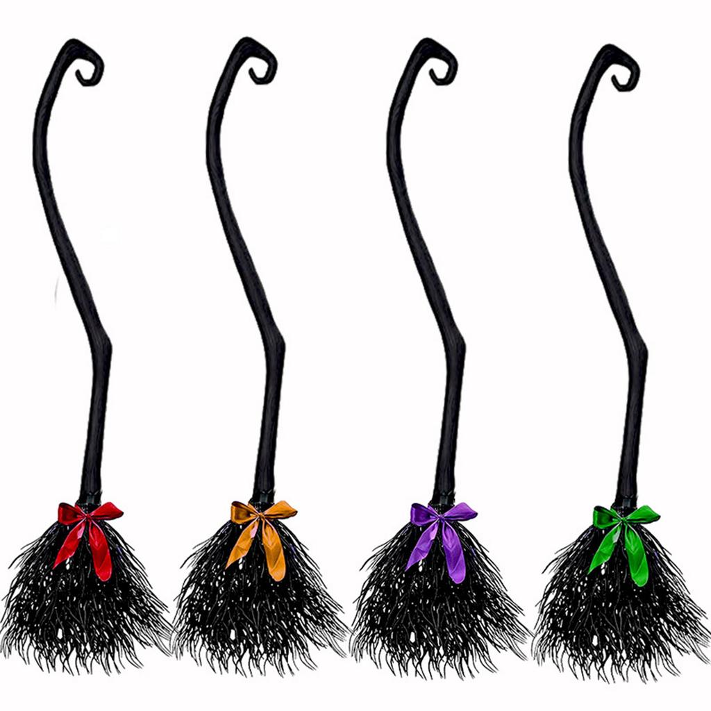 Halloween Witch Broom Decorations Cosplay Accessory Plastic Harry Potter Magic Broomstick Prop 3 Ribbons Green Orange Purple