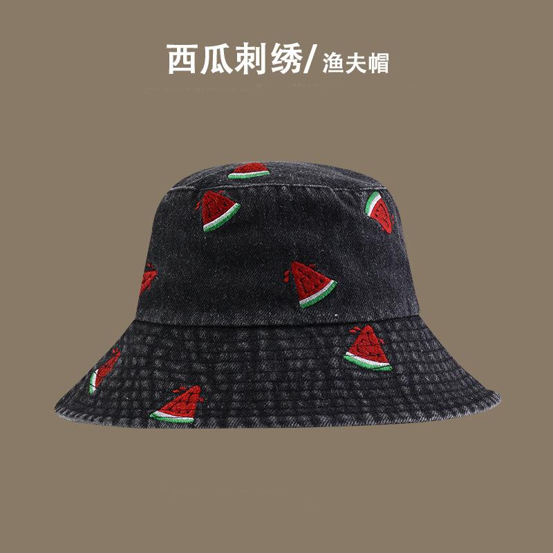 Hat Women's New Watermelon Embroidered Denim Bucket Hat Wide Brim Sunshade Fashionable Versatile Face Small Bucket Hat