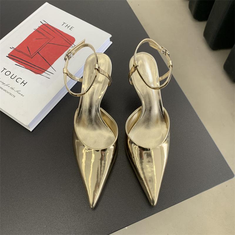

2025 spring and autumn new fashion pointed head bag head sandals women s rear tripple strap thin heel empty high heels children 39 золотой