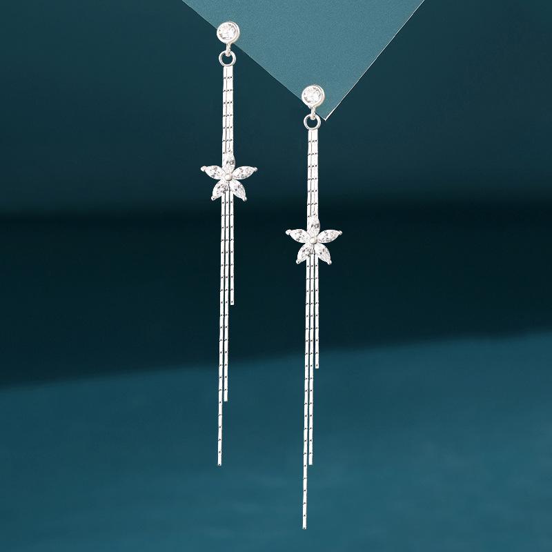 S925 Sterling Silver Korean Flower Tassel Dangle Earrings for Women 925 Silver