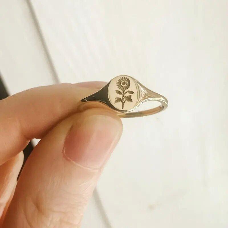 Simple Floral Niche Design Ring, Seal Sunflower Pattern Ring, Small Fresh Male And Female Index Finger Ring