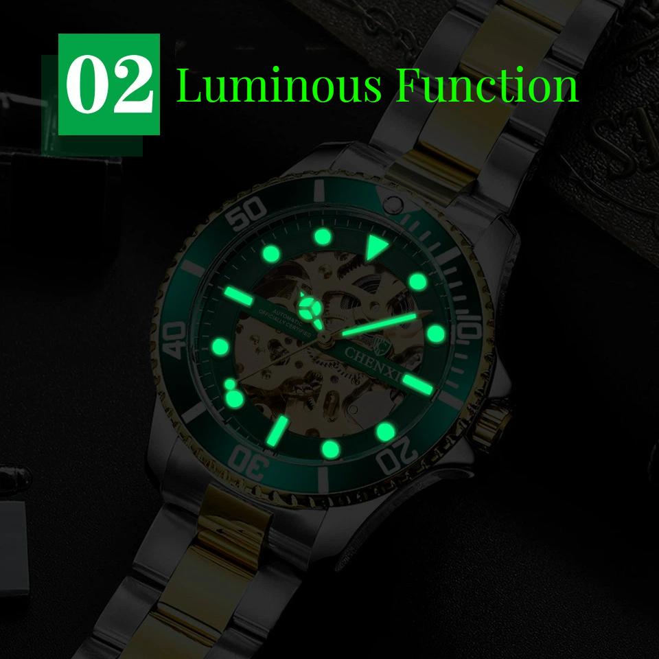 Chenxi Classic Watch Men Unique Dial Green Watches Luxury Gold Skeleton Automatic Mechanical Wristwatches Men Fashion Watches