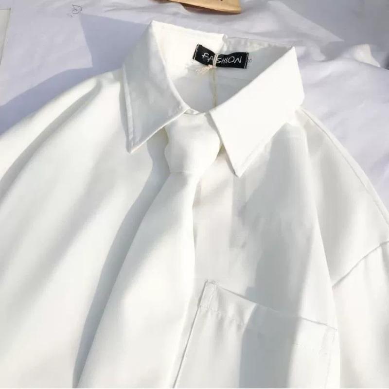 Damen Langarmshirt Umlegekragen Locker JK Uniform Studentenbluse Vintage Oversize Top Geschenk Krawatte