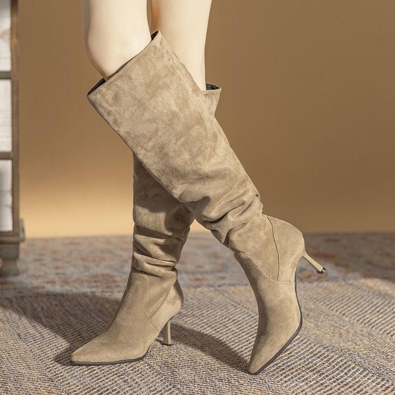 Boots Women's Thick Legs Slim Heel Boots But Knee Folded Pointed Pile Boots European and American Elastic Boots High Heel Medium Boots