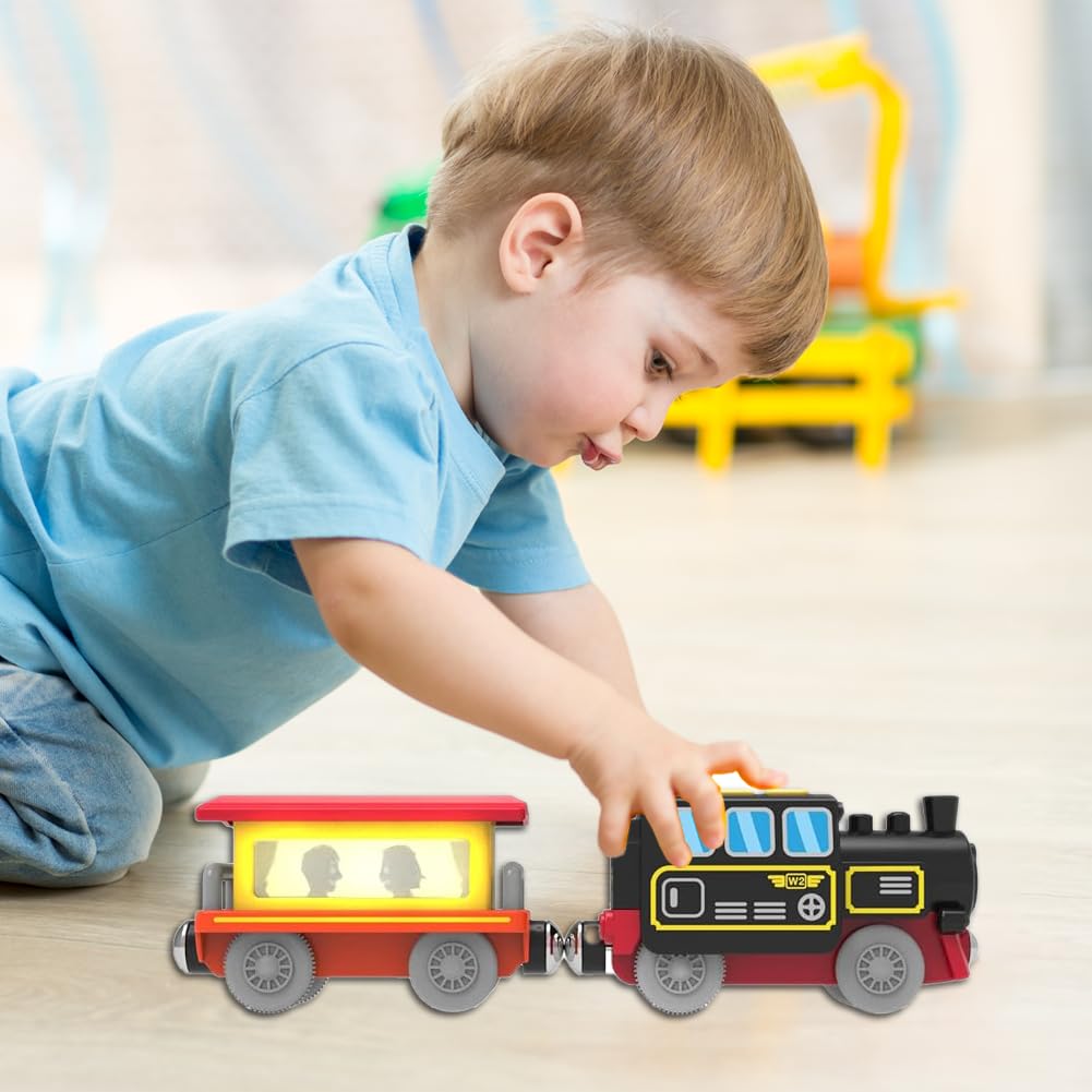 TOPLIVING Wooden Train Track Accessories Battery-Operated Locomotive with Magnetic Connection Compatible with Thomas, Brio, and Chuggington