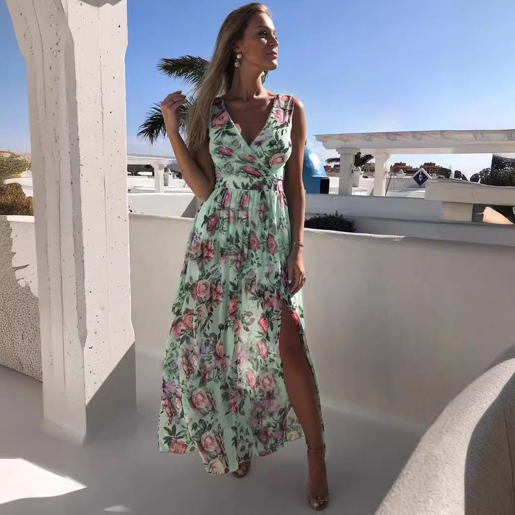 Γυναικείο φόρεμα Boho με φλοράλ στάμπα μακριά φούστα με βαθιά V λαιμόκοψη Summer Beach Party Sundress Αμάνικο μακρύ φόρεμα