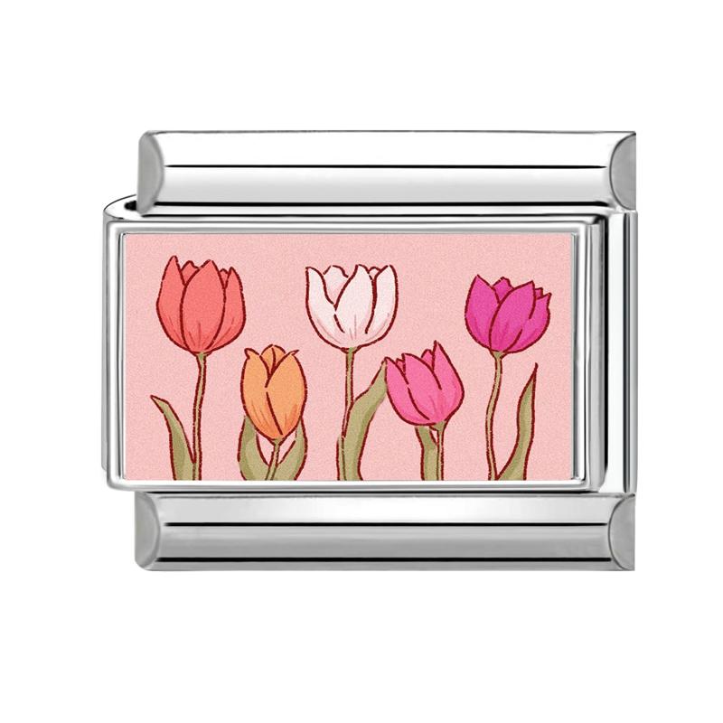 Unique Y2K Pink Girls' Eye Tulip Flowers Moon Cat Cherry Italian Charm Link Fit 9mm Stainless Steel Bracelet DIY Making Jewelry
