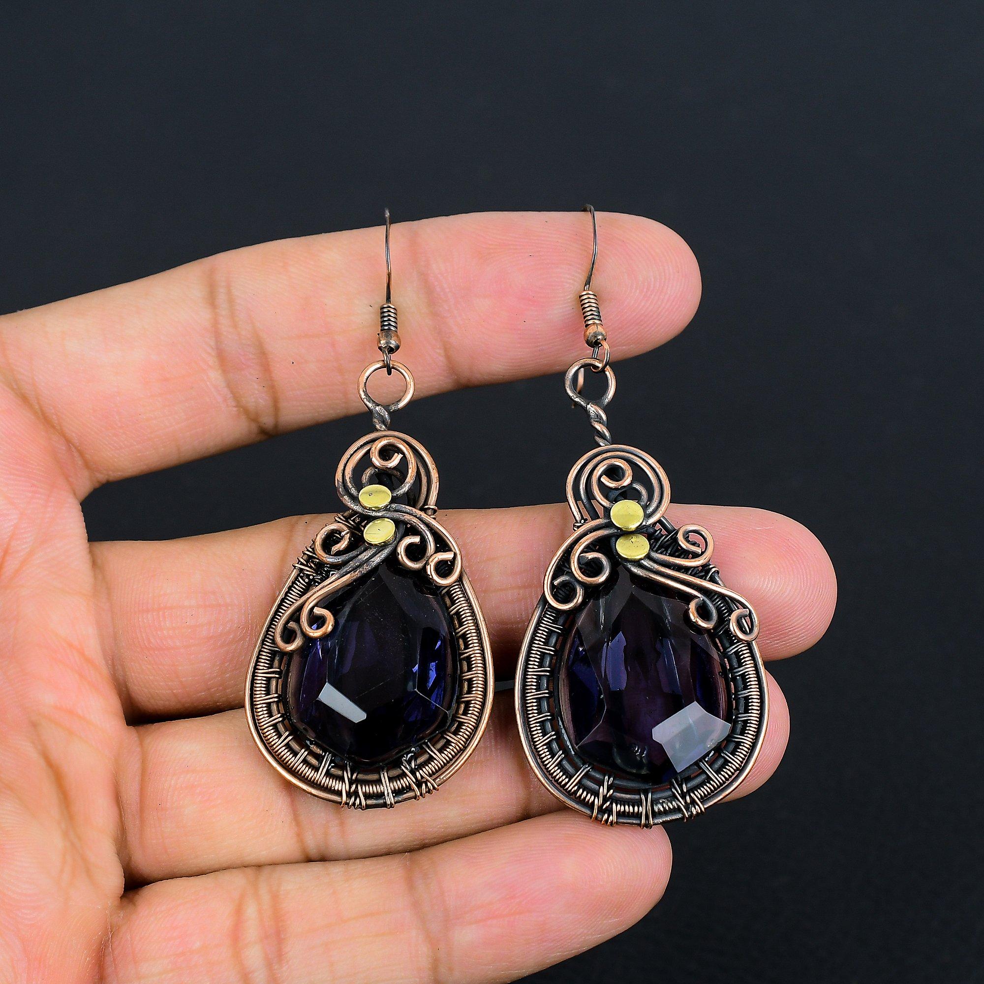 

Серьги с аметистом, ювелирные изделия из драгоценных камней, серьги, обмотанные медной проволокой 999 пробы, подарок для женщин, серьги ручной работы 2.85 Inches