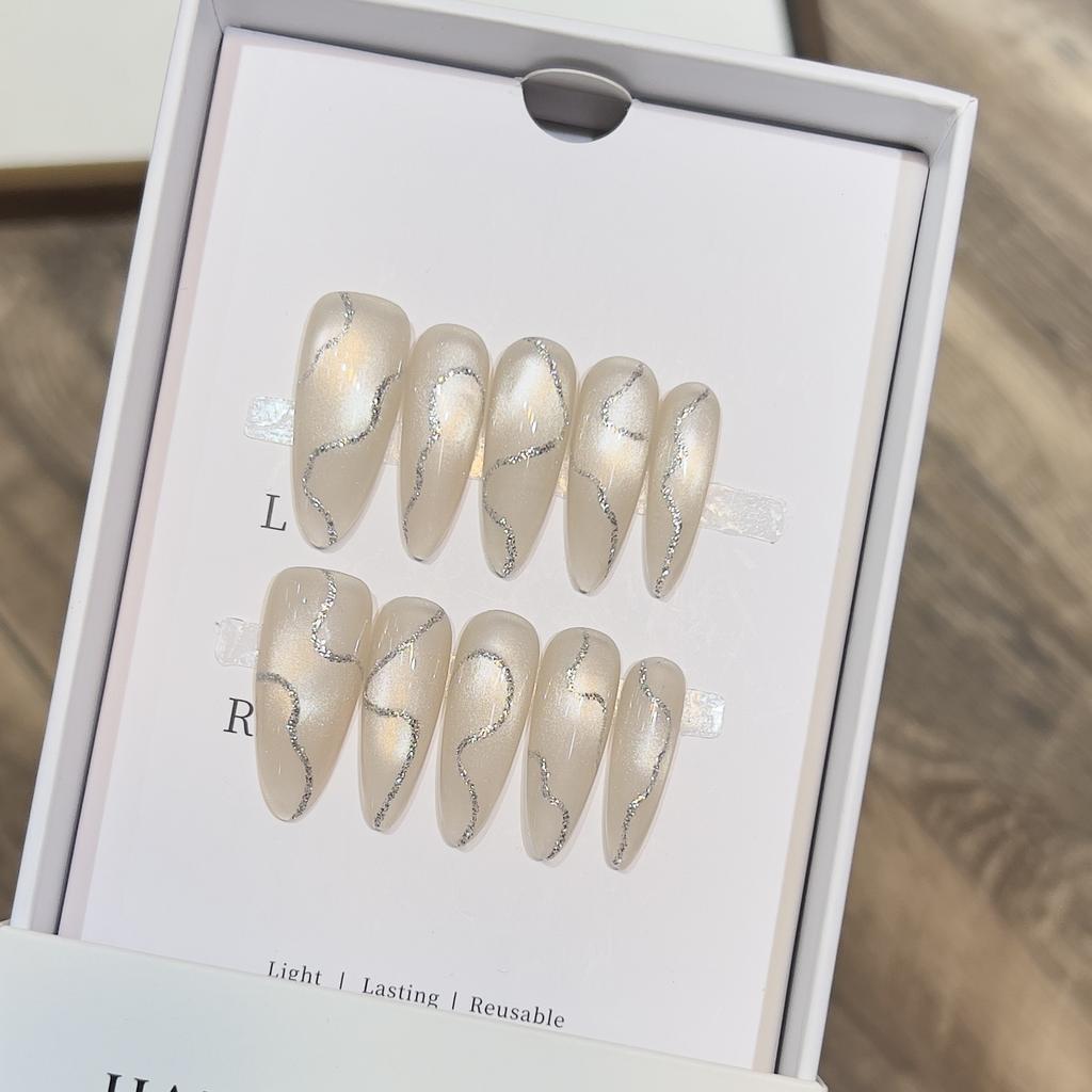 Silber Seide Einfach Katzenauge Tragen Rüstung Handgemacht Rein Nude Maniküre Abnehmbare Nägel