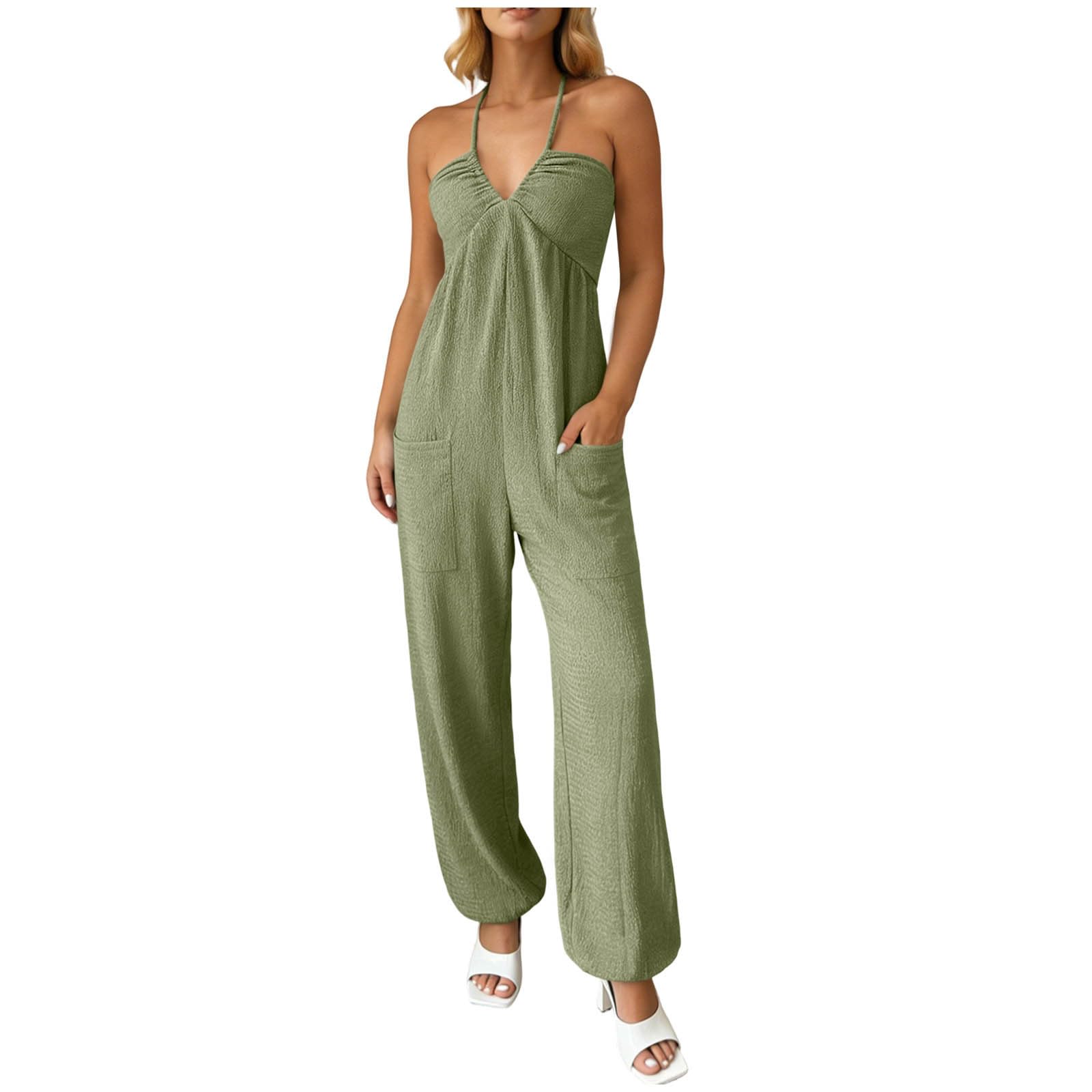 

Women Halter Neck Casual Jumpsuit Sleeveless Loose Fit Wide Leg Pants with Pockets for Everyday Wear XXL