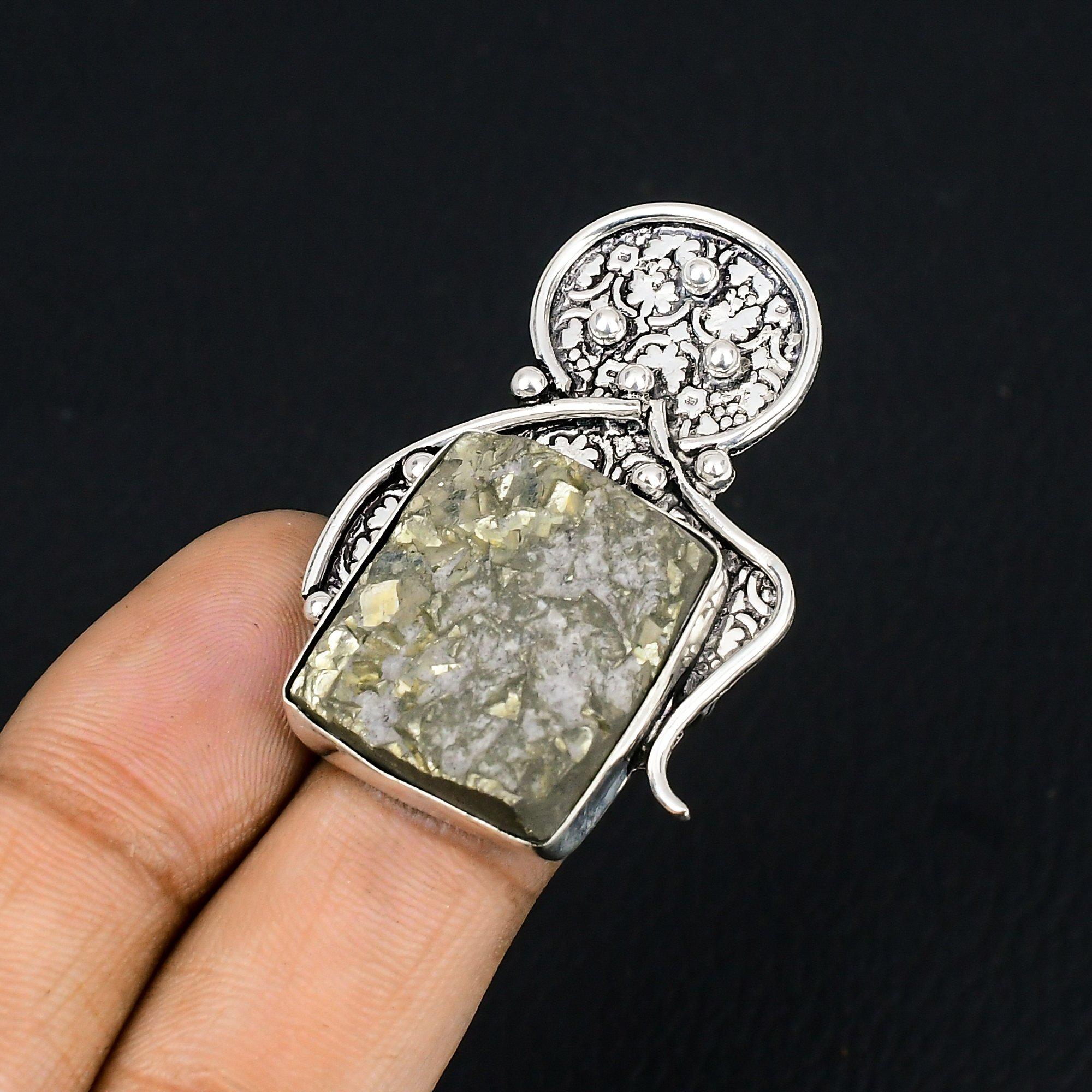 Натуральный пирит друза 925 пробы стерлинговое серебро Многокаменный обручальное кольцо Ювелирные изделия Размер US 6.5 6.5