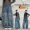 Girls' Retro Wide-Leg Cargo Jeans with Big Pockets - Distressed Loose Fit for Spring & Autumn