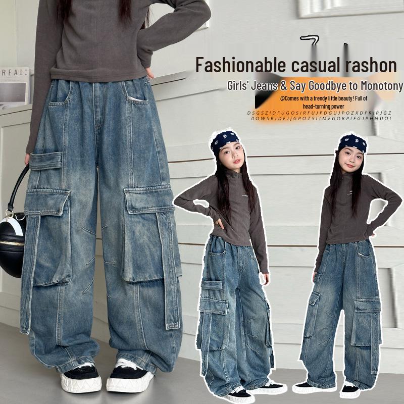Girls' Retro Wide-Leg Cargo Jeans with Big Pockets - Distressed Loose Fit for Spring & Autumn