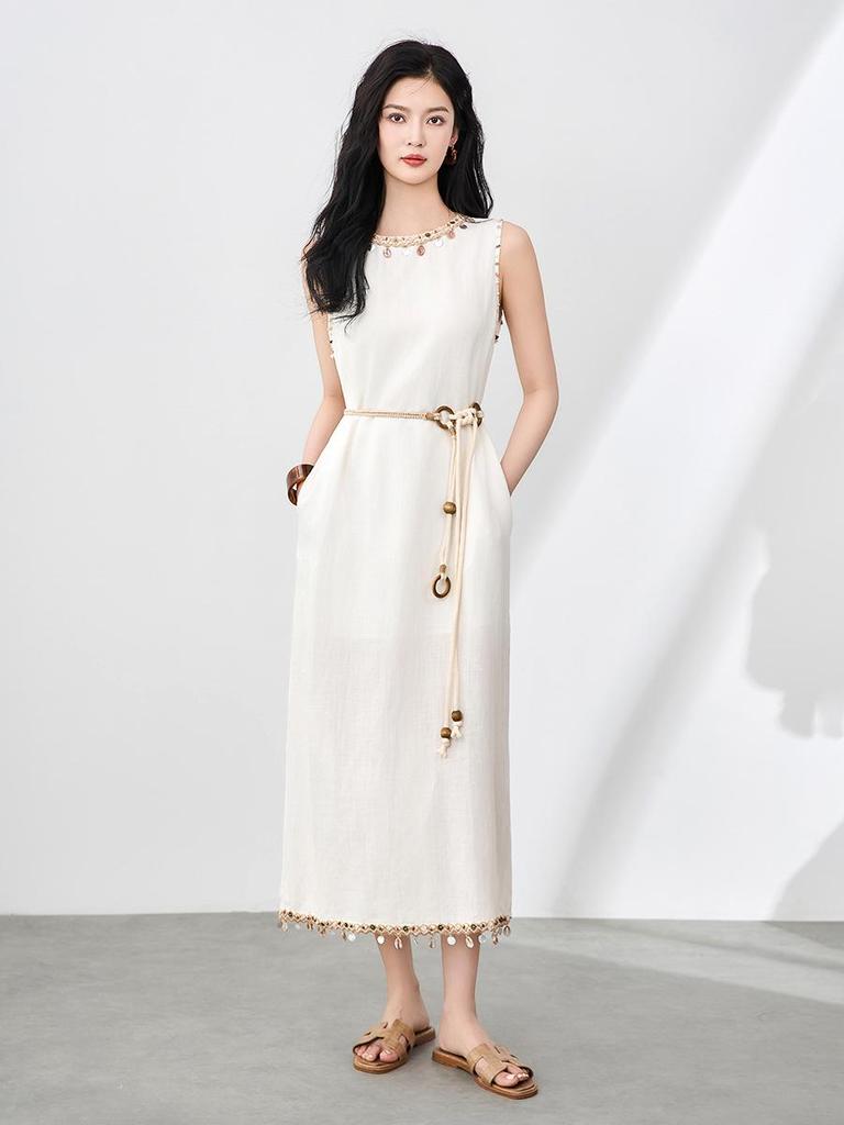 Ärmelloses Kleid im Bohemian-Stil aus Leinen-Tencel mit Muschel-Anhänger & Quaste für Damen